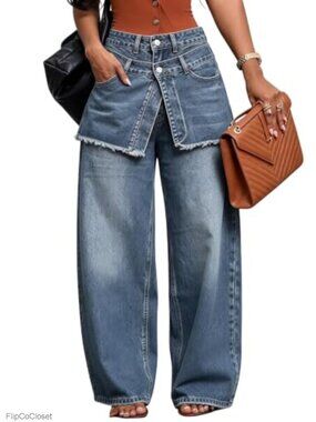 Wide Leg Baggy Jeans High Rise Frayed Fringe Patchwork Denim Pants